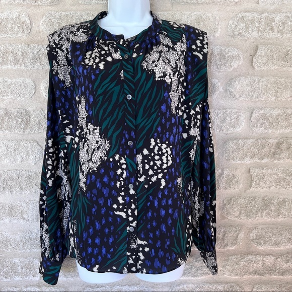 Veronica Beard Tops - Veronica Beard stretch silk blouse Buckley black green blue animal print 12